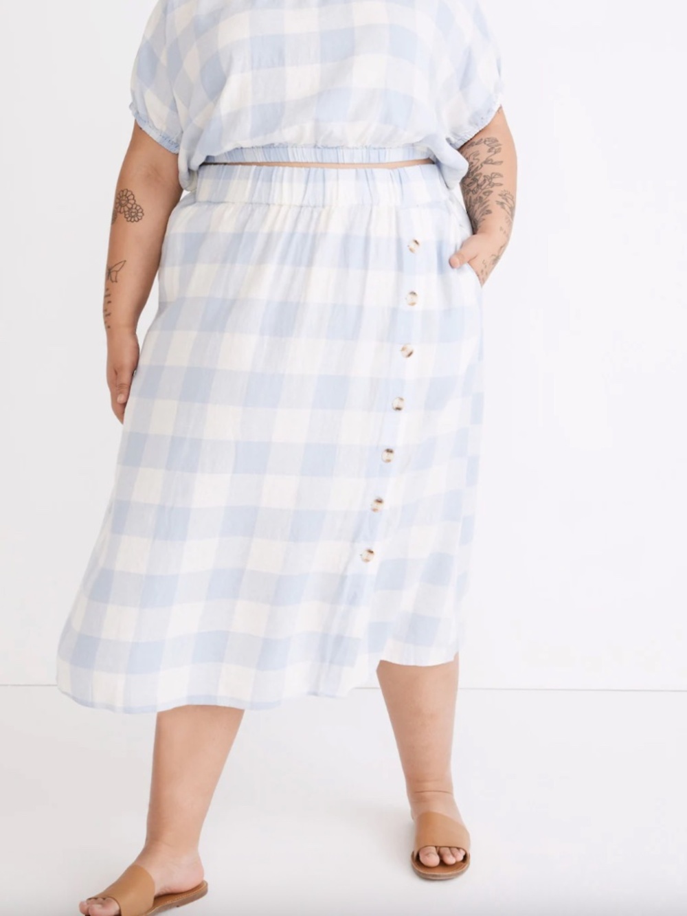 Linen-Blend Side-Button Midi Skirt | Gingham Check